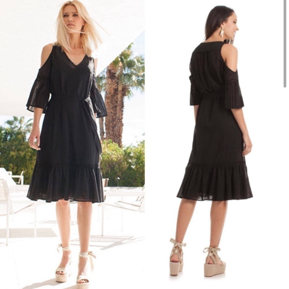 Trina Turk grand Dame cold shoulder, ruffle, belted tunic black dress size 4